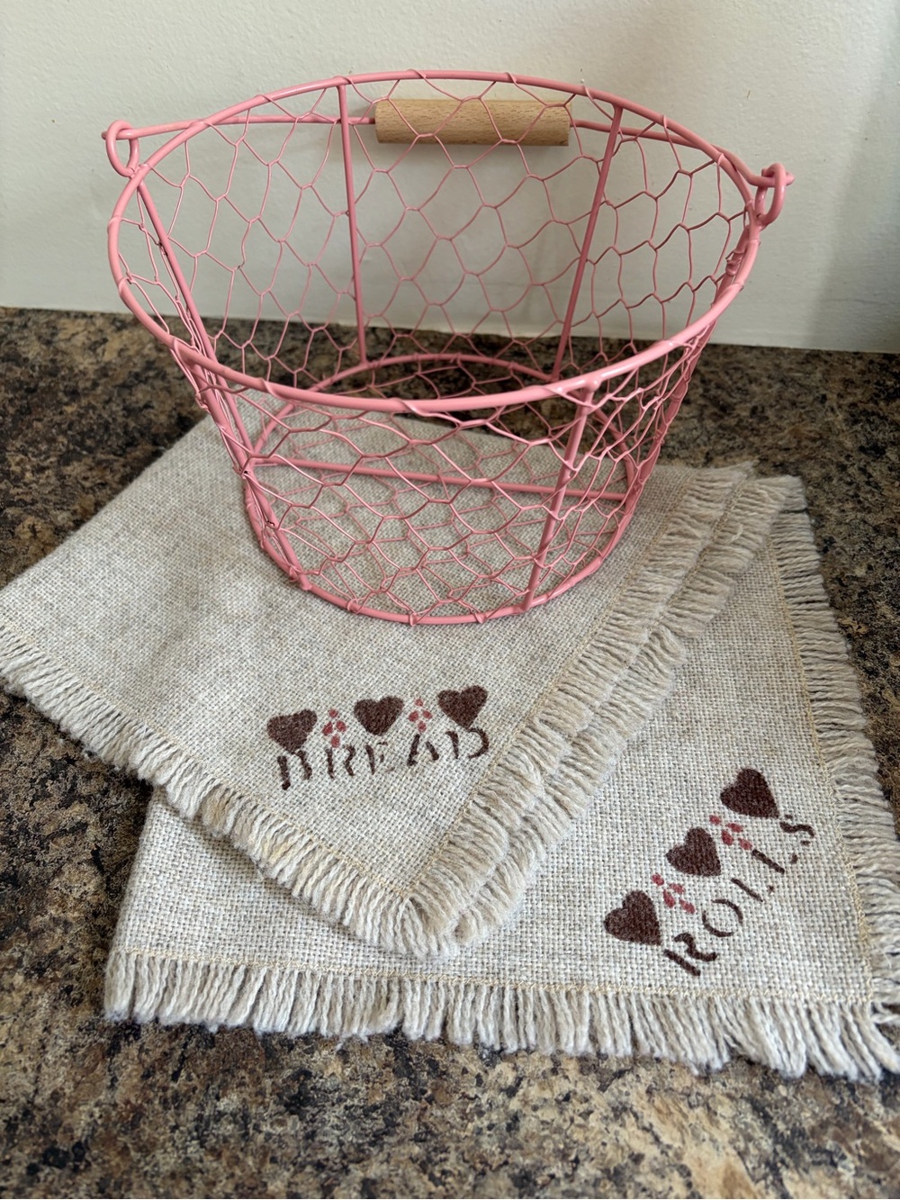Pink Wire Farmhouse Basket with Wooden Handle
